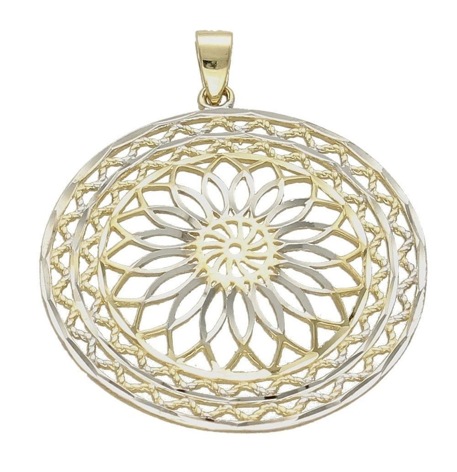 Złota, ażurowa zawieszka pr333 kwiatek ZA 5282 333. Wisiorek na łańcuszek w klasycznym, ponadczasowym ażurowym wzorze wykonany z dwukolorowego złota. Dodatkowo białe złoto delikatnie połyskuje..jpg